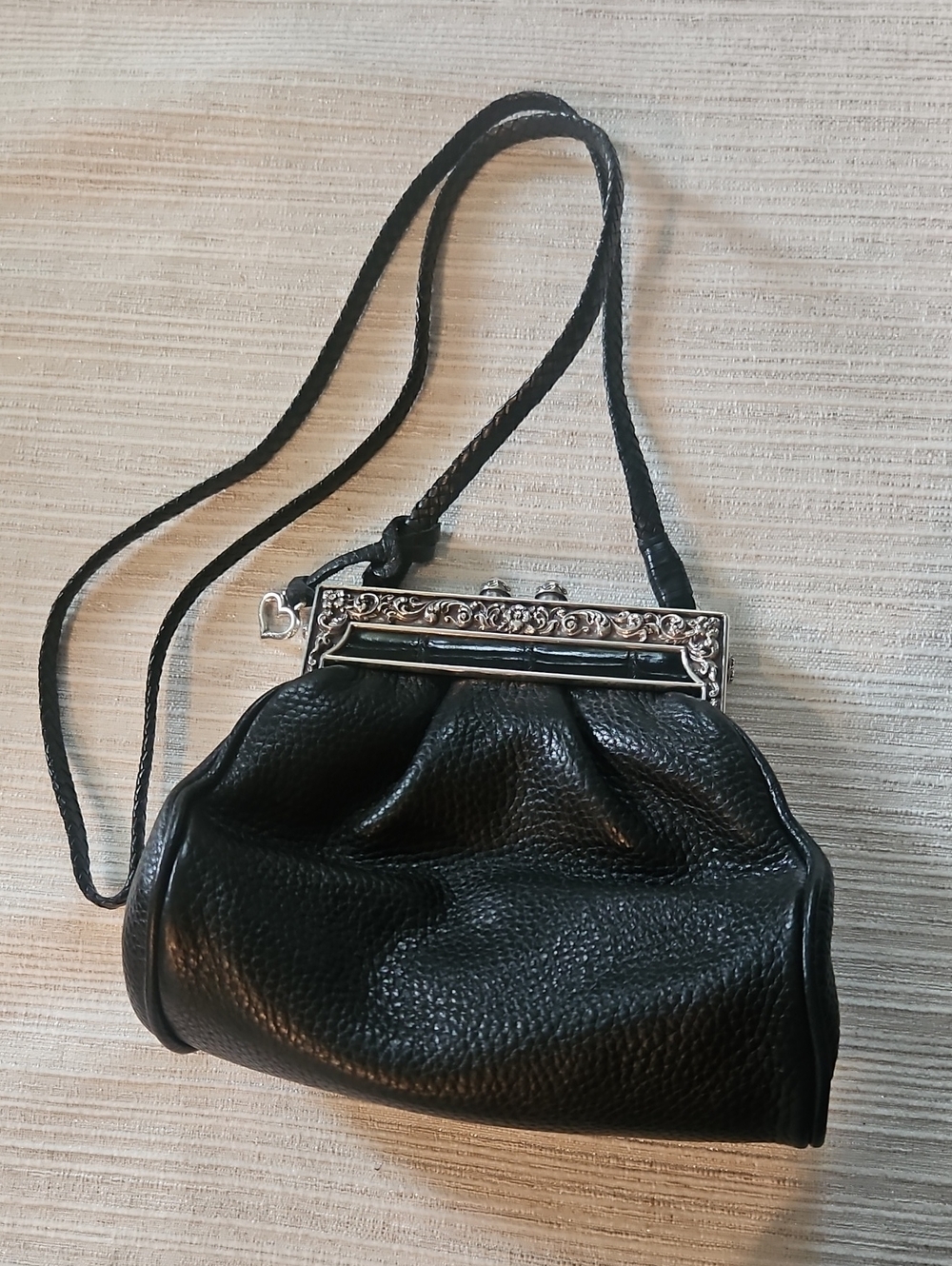 Brighton Vintage Black Leather Frame-Top Crossbody Bag